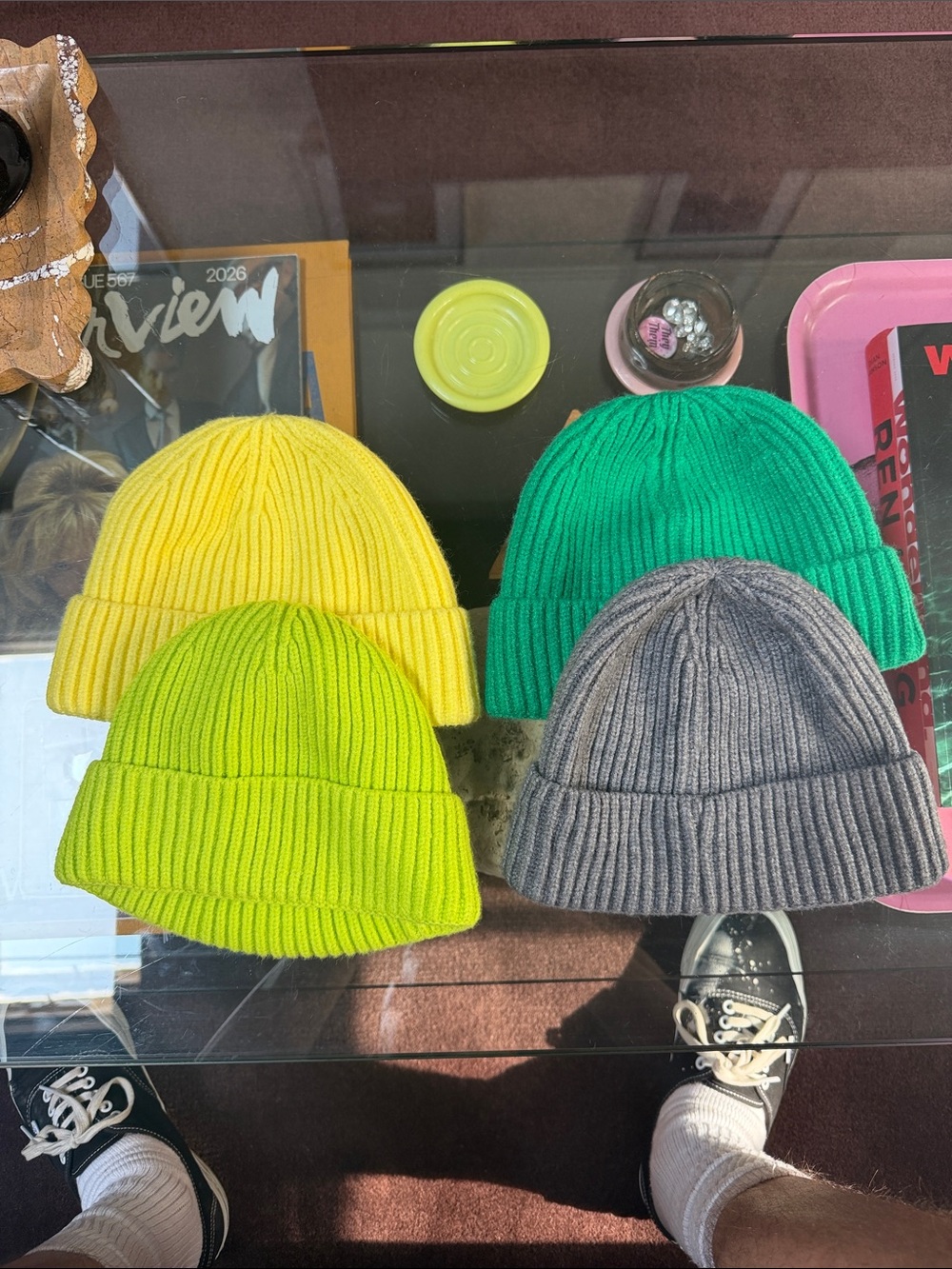 4 Ribbed Knit Beanie Hat - Yellow, Lime, Green, Gray